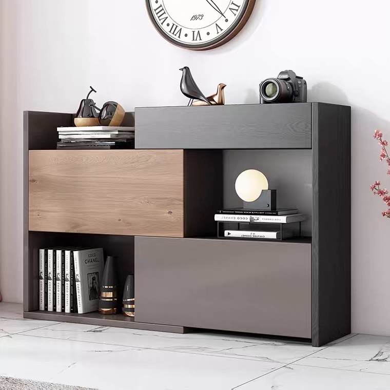 Modern Office Living Room Wooden Furniture Grey Entryway Shoes Rack 3-Door Storage Cabinet