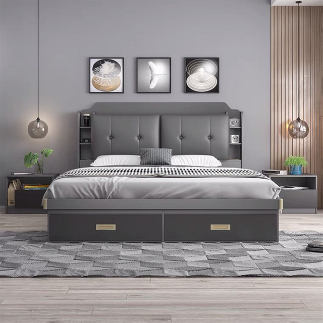 Hotel Furniture Solid Wood Customized Guest Room Veneer Bedroom Furniture Double Bed Set for Hotel UL-22NR61191