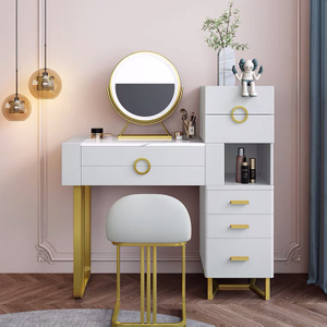 Good Quality Newly Hotel Aparment Mirror Vanity Bedroom Furniture White Golden Storage Dresser with Metal Leg