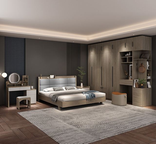 Wholesale Modern Design Wood King Size Leather Bed Hotel Luxury Classic Queen MDF Wooden Home Furniture Bedroom Set UL-22S72