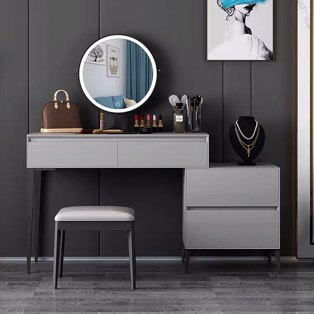 Italian Minimalist Wooden Small Apartment Bedroom Set Makeup Table with 3-Drawer Dresser 