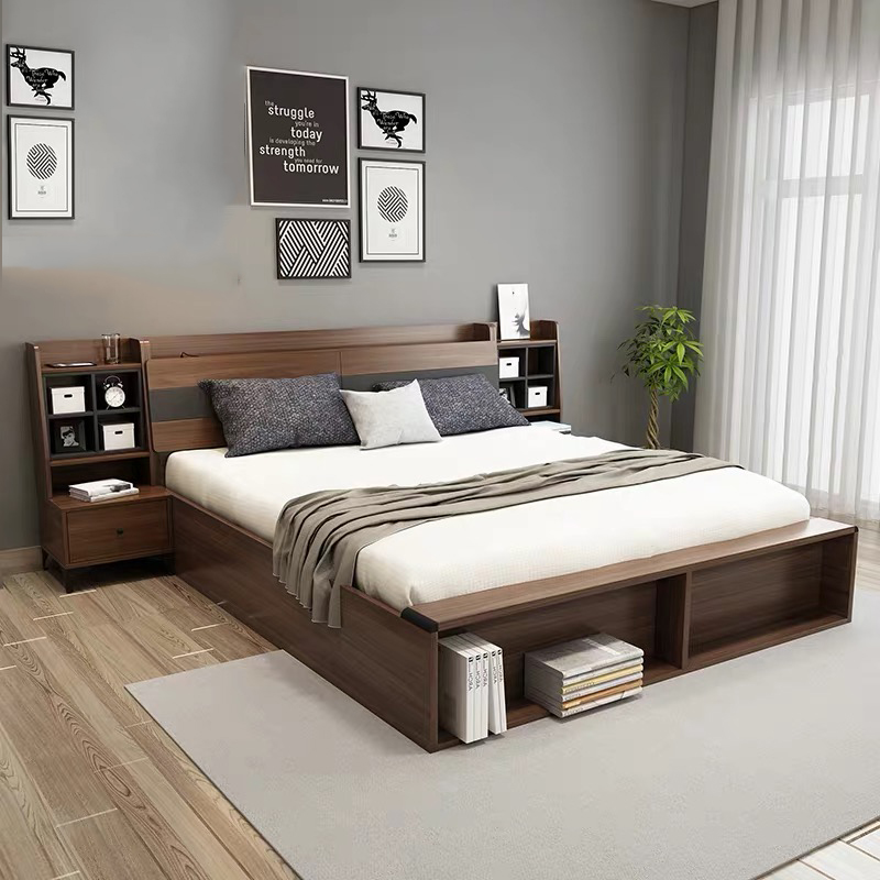 Italian Apartment Modern European Home School Wooden Bedroom Furniture Luxury Leather Double Bed UL-9BE128