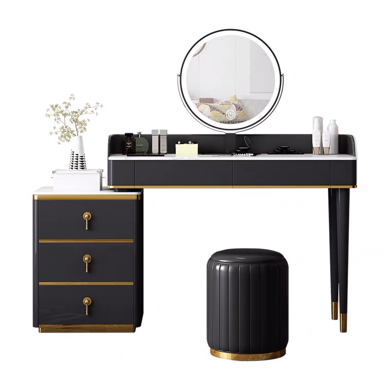 Home Hotel Bedroom Nordic Golden Modern Fashion Style Makeup Dressing Table with Chair And Mirror Dresser with LED Light
