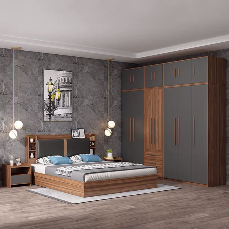 Latest Design Modern King Size Double Leather Bed Villa Home Ialian Luxury Full Wooden Bedroom Furniture Set UL-22NR61503