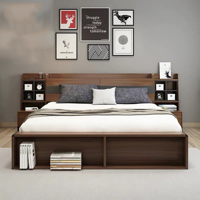 Italian Apartment Modern European Home School Wooden Bedroom Furniture Luxury Leather Double Bed UL-9BE128