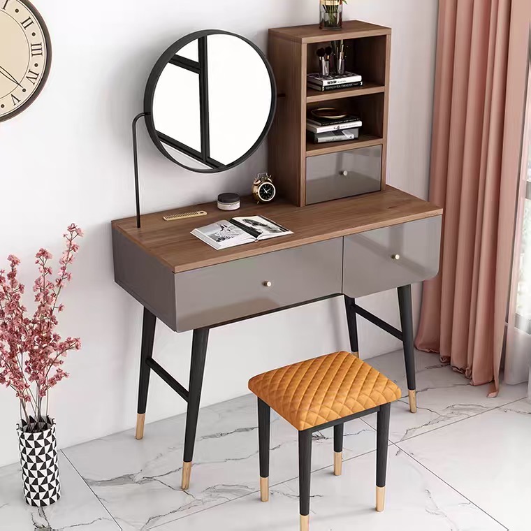 Italian Minimalist Wooden Small Apartment Bedroom Set Makeup Table with 3-Drawer Dresser 