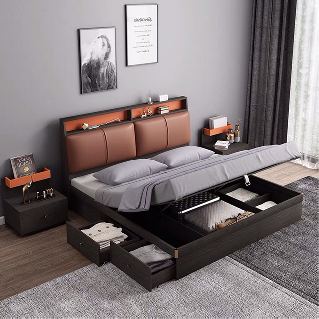 Wholesale Cheap Price Classic Queen Leather Bed Luxury Other Home Full Set King Size Wooden Bedroom Furniture UL-22NR61397