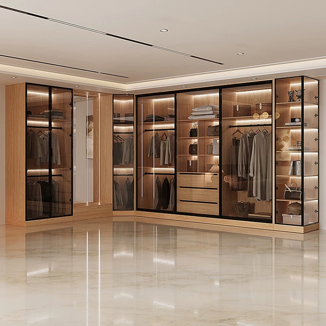 best fashion wardrobe wooden wardrobe high glass door with LED Light in bedroom custom cabinets