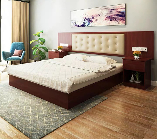 Factory Directly Wholesale Modern Wooden Frame Double Bed Night Stands Bedroom Set Hotel Furniture UL-9N0131