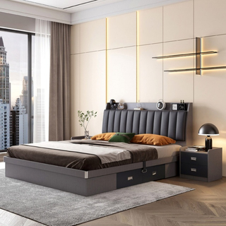 Simple Modern Customizable Wooden Double King Size Queen Single Beds with Storage