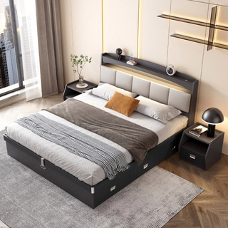  Modern Melamine Simple Design Bed Frame Wood Double Bed with High Box Storage 