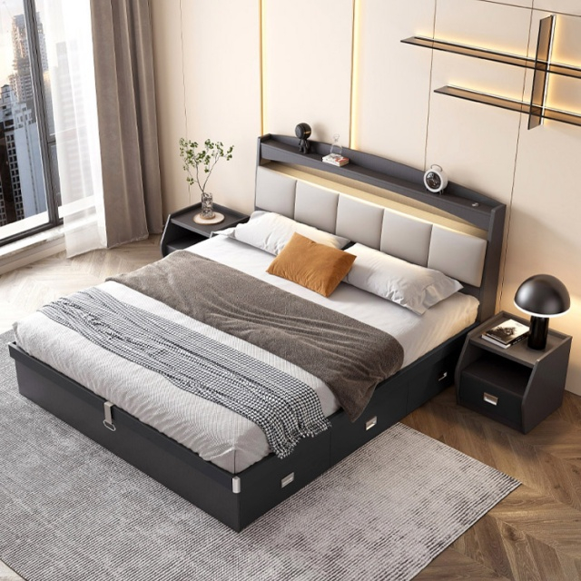 Home Hotel Bedroom Furniture Wood Beds Frame Panel Platform Bed with Drawer