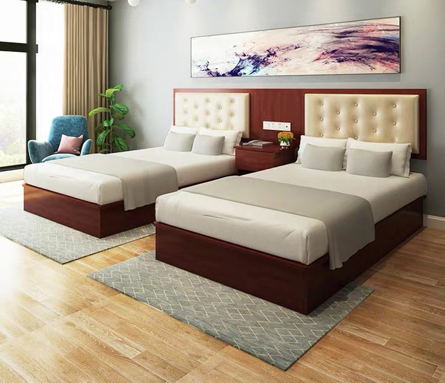 Factory Directly Wholesale Modern Wooden Frame Double Bed Night Stands Bedroom Set Hotel Furniture UL-9N0135