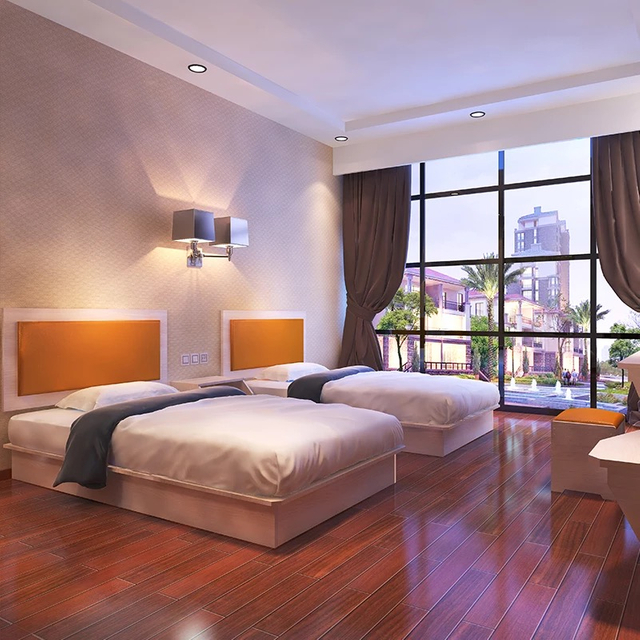 Factory Directly Wholesale Modern Wooden Frame Double Bed Night Stands Bedroom Set Hotel Furniture UL-9N0178