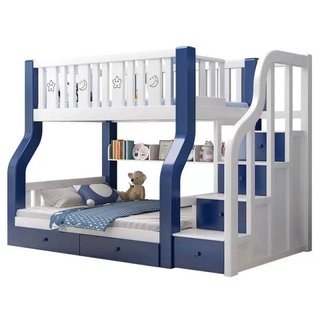 Modern Bedroom Furniture Simple Design Home Hotel Natural Birch Twin Kids Triple Bunk Bed with Slide and Stairs