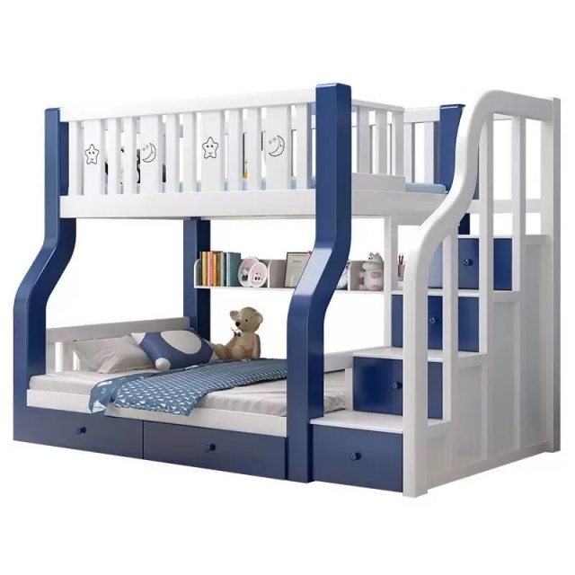 New Design Hotel Modern Bed King Size Design Kids Bed for Kids Bedroom Set Triple Bunk Bed with Slide and Stairs