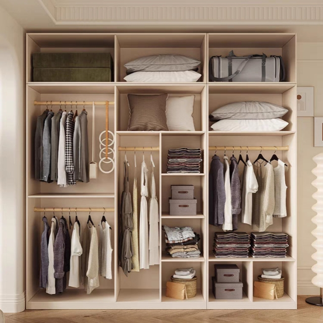 Classic Wooden Bedroom Clothing Cabinets Locker Closet Wardrobe with Mirror Storage Cabinet 4 Doors Wardrobe with Handle and Mirror