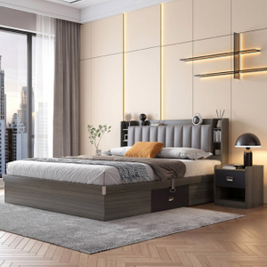 Home Hotel Bedroom Furniture Wood Beds Frame Panel Platform Bed with Drawer