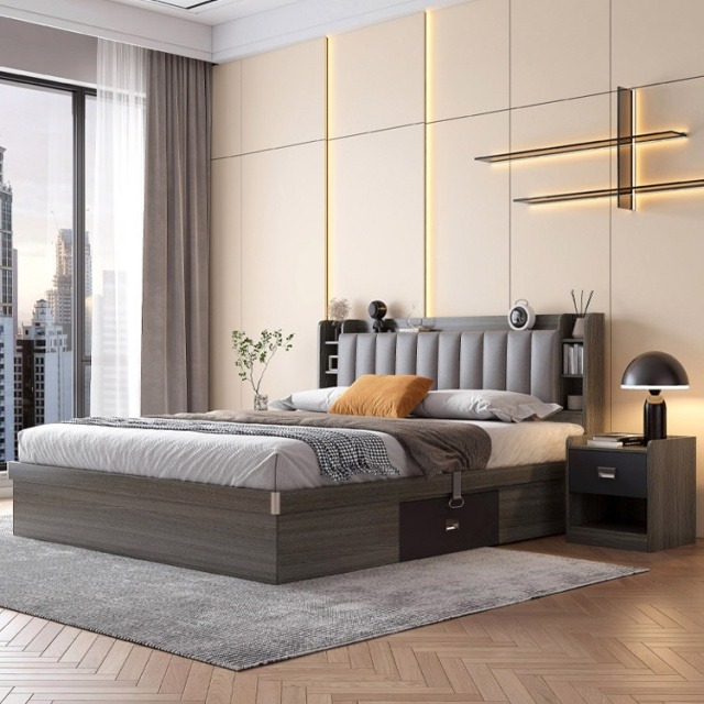 Home Hotel Bedroom Furniture Wood Beds Frame Panel Platform Bed with Drawer