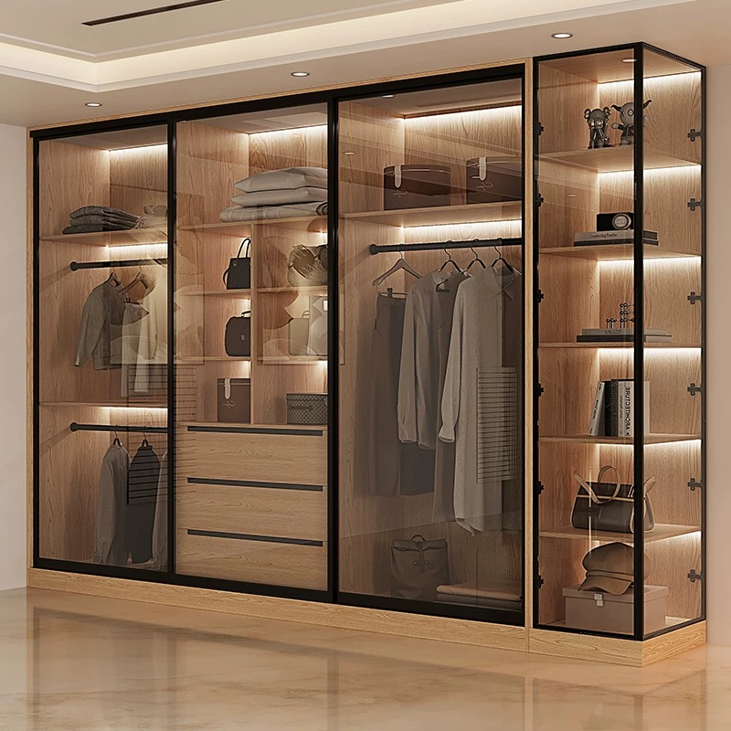 best fashion wardrobe wooden wardrobe high glass door with LED Light in bedroom furniture cabinets