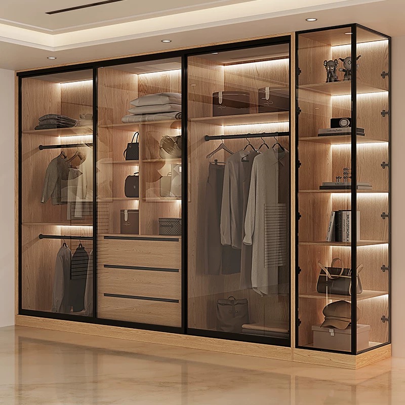 best fashion wardrobe wooden wardrobe high glass door with LED Light in bedroom furniture cabinets