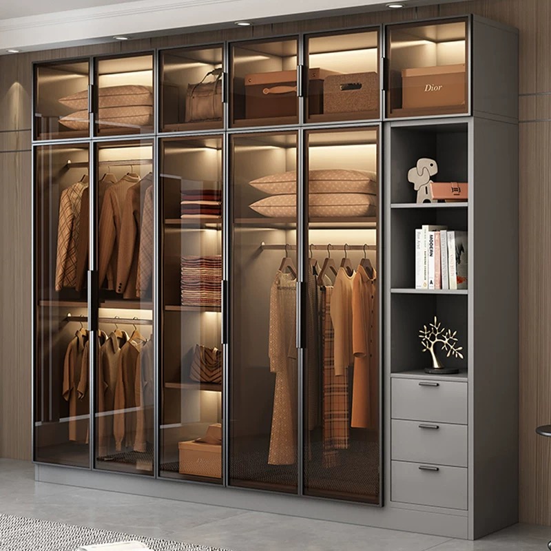 best fashion wardrobe wooden wardrobe high glass door with LED Light in bedroom furniture cabinets