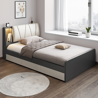 Wooden Melamine Laminated MDF Queen Size Platform Bed with Fabric Upholstered Headboard