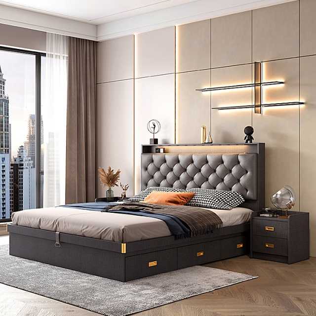 Home Hotel Bedroom Furniture Wood Beds Frame Panel Platform Bed with Drawer