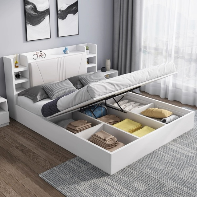 Home Hotel Bedroom Furniture Wood Beds Frame Panel Platform Bed with Drawer