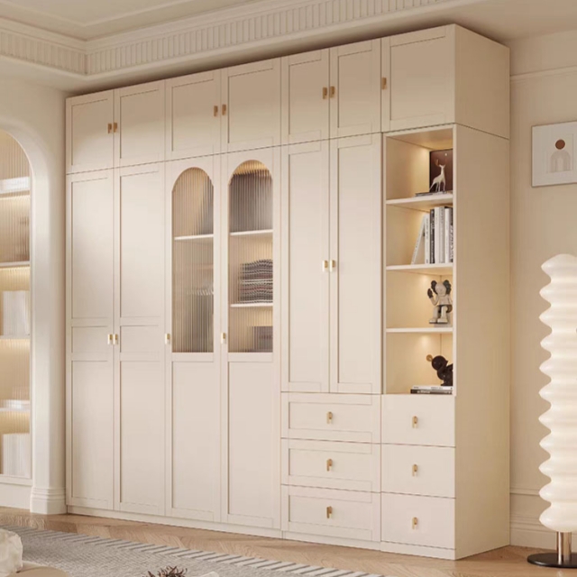 Classic Wooden Bedroom Clothing Cabinets Locker Closet Wardrobe with Mirror Storage Cabinet 4 Doors Wardrobe with Handle and Mirror