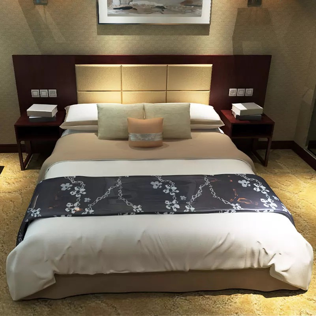 Factory Directly Wholesale Modern Wooden Frame Double Bed Night Stands Bedroom Set Hotel Furniture UL-9N0188