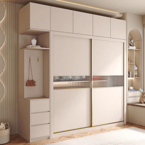 Classic Wooden Bedroom Clothing Cabinets Locker Closet Wardrobe with Mirror Storage Cabinet 4 Doors Wardrobe with Handle and Mirror