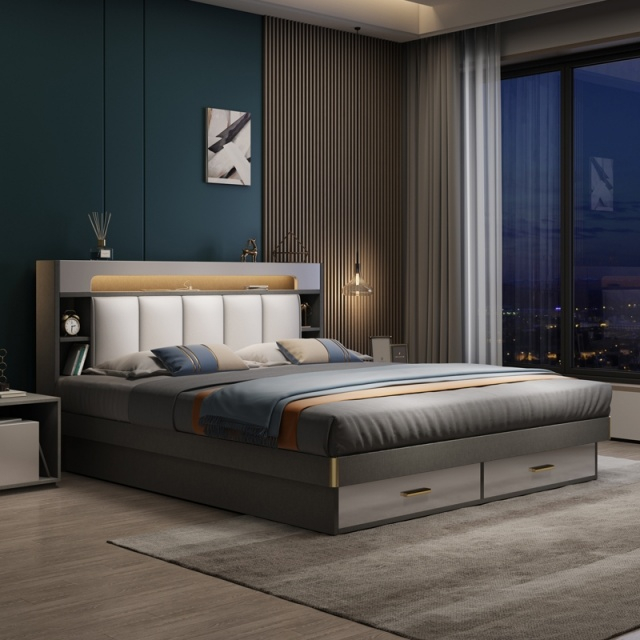 Home Furniture Modern Design Bedroom Set Wooden Fabric King Size Bed