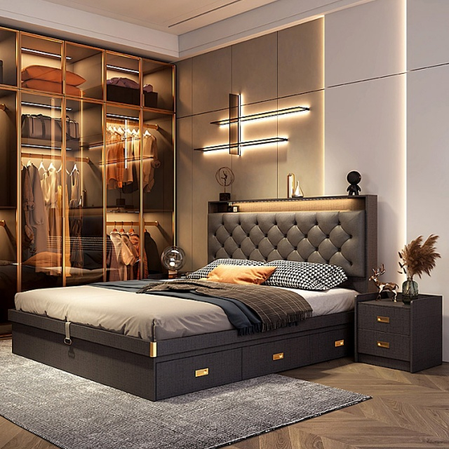 Home Hotel Bedroom Furniture Wood Beds Frame Panel Platform Bed with Drawer