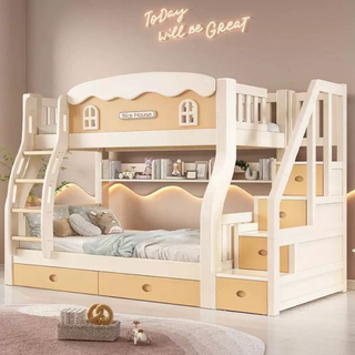 Bedroom Furniture Wood Gray Mattress Minimalist Design Twin Kids Triple Bunk Bed with Slide and Stairs