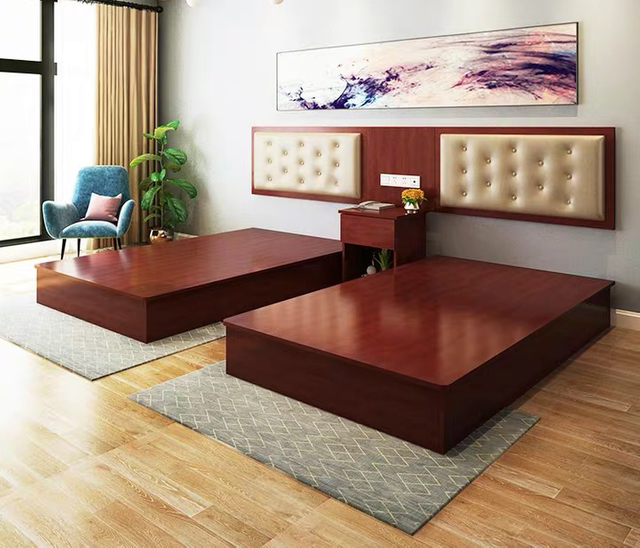 Factory Directly Wholesale Modern Wooden Frame Double Bed Night Stands Bedroom Set Hotel Furniture UL-9N0132