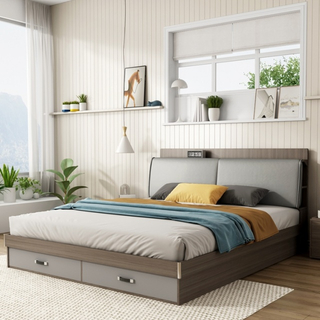 Customized Frame Wooden Storage Bedroom King Size Double Queen Bed with Nightstand