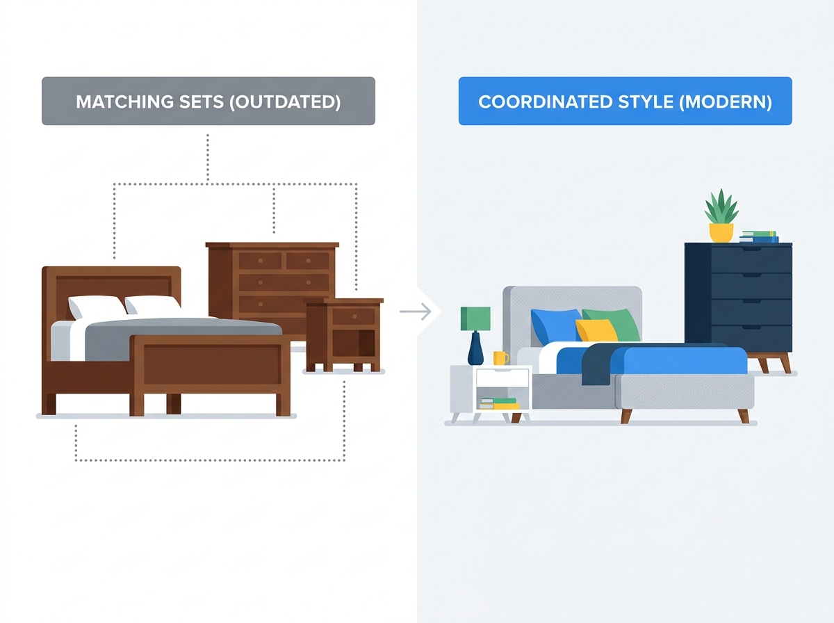 Modern coordinated bedroom design with low-profile furniture