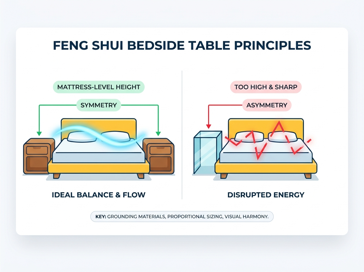 A perfectly balanced modern bedside table layout demonstrating Feng Shui symmetry