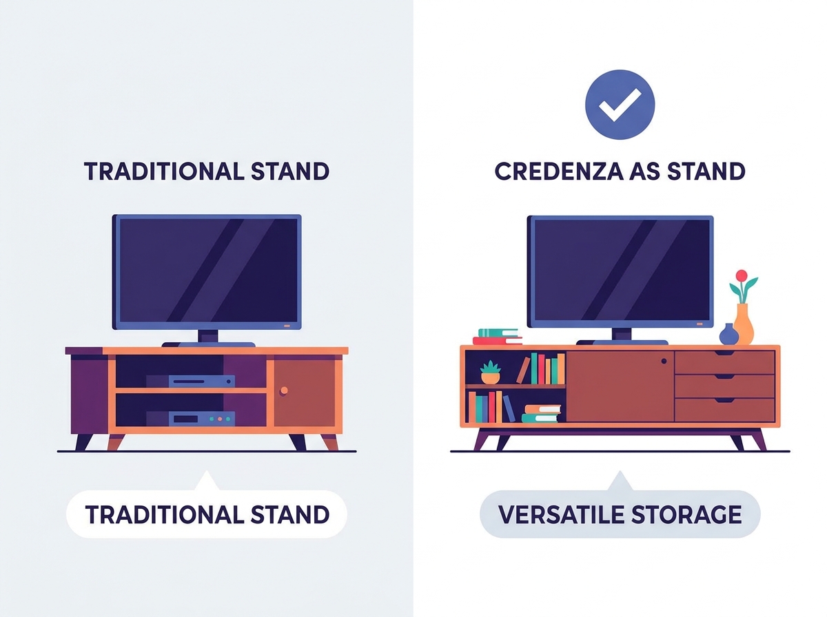 Vintage wooden credenza used as a media console in a modern living room